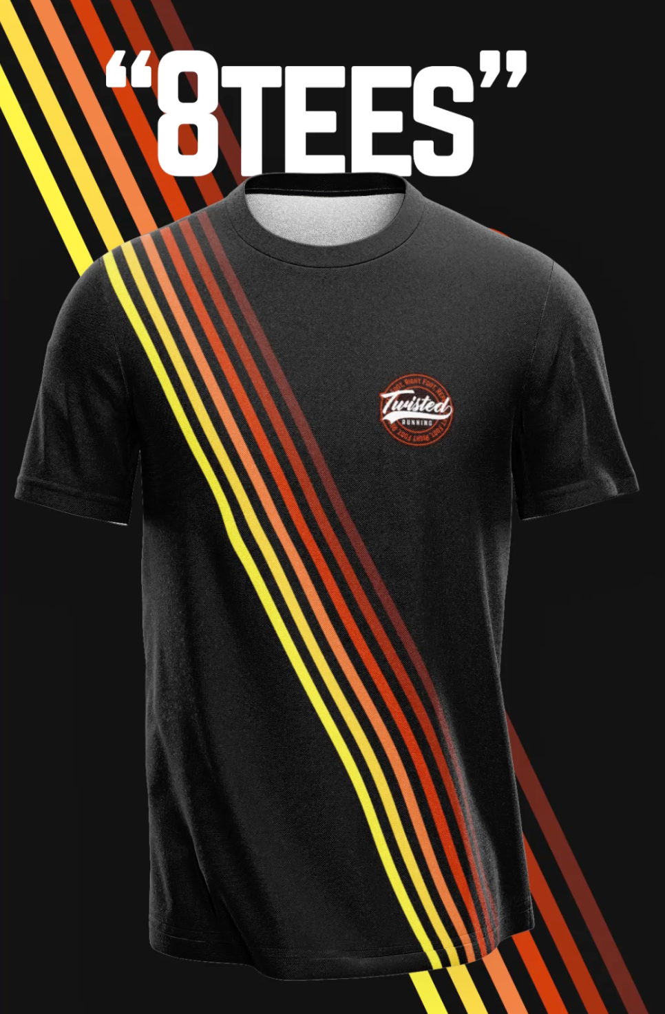 Twisted Running 8Tees – Black with Yellow & Red Stripes