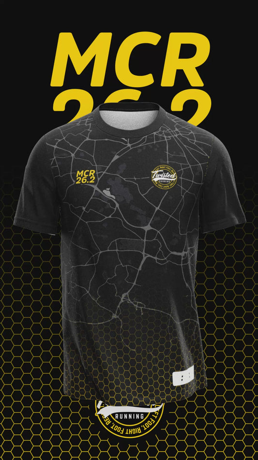 Black/Yellow Manchester 26.2 Race/Finisher Tee – A Marathon Worthy Tribute (Pre-Order)