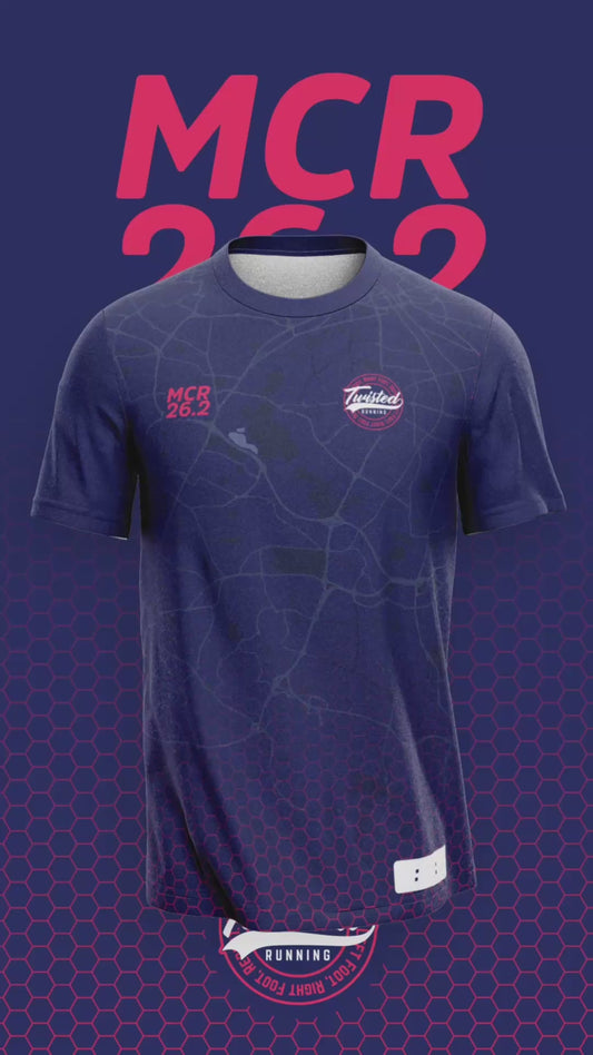 Navy/Pink Manchester 26.2 Race/Finisher Tee – A Marathon Worthy Tribute (Pre-Order)